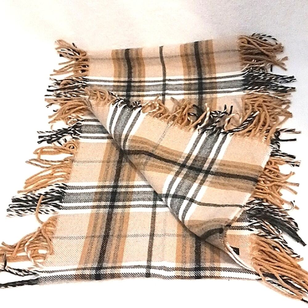 Cashmink LONG SCARF 62"‎ x 9" Tan Gray Plaid NOVA CHECK Plaid Checkered Tartan